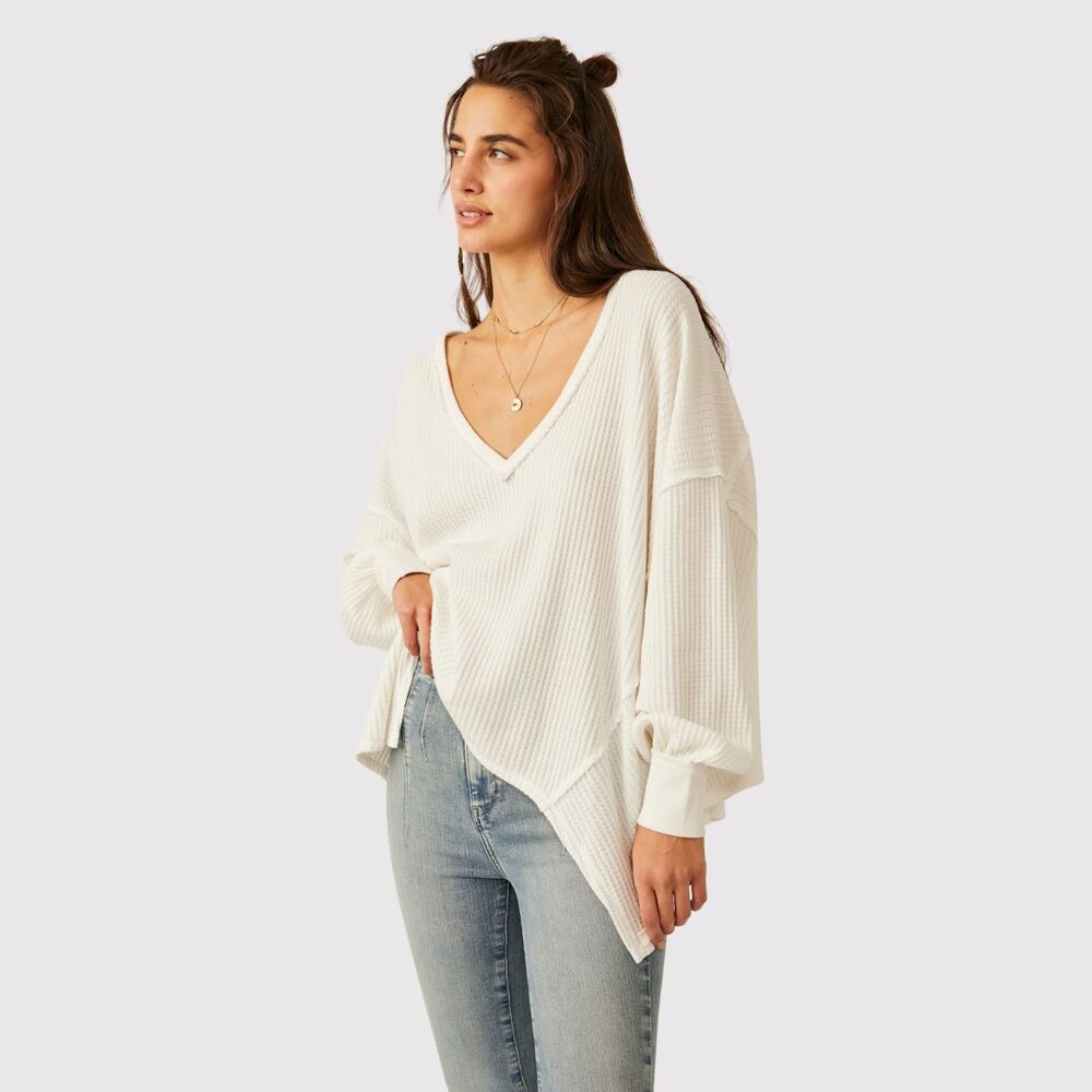 We The Free Womens Top White Coraline Thermal V Neck Waffle Knit Oversized XS
